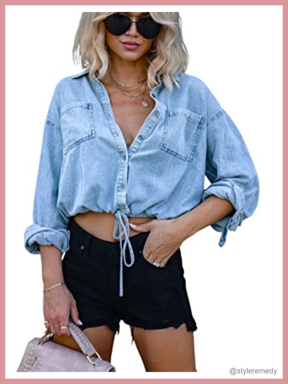 Women's Crop Denim Shirt Casual Oversized Button Down Jean Top Long Sleeve